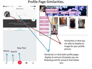Profile Page-Similarities.
Similarity’s in that both profile pages
display to amount of people you are
following and the amount that follow
you.
Similarities in that you
are able to display an
image for your profile
picture.New Post
Home. Search
 
