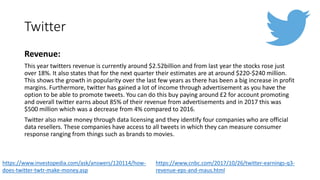 Twitter
Revenue:
This year twitters revenue is currently around $2.52billion and from last year the stocks rose just
over 18%. It also states that for the next quarter their estimates are at around $220-$240 million.
This shows the growth in popularity over the last few years as there has been a big increase in profit
margins. Furthermore, twitter has gained a lot of income through advertisement as you have the
option to be able to promote tweets. You can do this buy paying around £2 for account promoting
and overall twitter earns about 85% of their revenue from advertisements and in 2017 this was
$500 million which was a decrease from 4% compared to 2016.
Twitter also make money through data licensing and they identify four companies who are official
data resellers. These companies have access to all tweets in which they can measure consumer
response ranging from things such as brands to movies.
https://www.cnbc.com/2017/10/26/twitter-earnings-q3-
revenue-eps-and-maus.html
https://www.investopedia.com/ask/answers/120114/how-
does-twitter-twtr-make-money.asp
 