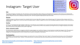 Instagram- Target User
Katz
The purpose of Instagram is to entertain users. This is because it is a form of social media in which it allows you to view friends pictures and also has other stories you can view from other
random people or celebrities. This will allow you to keep up with what certain people may be doing by viewing their Instagram story. Furthermore, you can post pictures yourself and you can
see who is liking them and see who is keeping up to date with your life.. All of this a long with the app being free makes it even better.
Maslow
Instagrams average user is what you may expect from a relatively new form of social media. 90% of Instagrams users are below the age of 35. Furthermore 59% are between 18-29. This is
important because it suggests that it is much more suited to the younger audience. In addition, Instagram can use this to their advantage by targeting this audience in hope of attracting more
young people.
Hartley
From this, I can conclude the age range of Instagram ranges from 12- 64. furthermore, most of Instagrams users come from the age range of 18-34 and only 8% coming from over the age of
64. In addition, I also needed to consider celebrities use of Instagram. This is important because there are many celebrities over the age of 40 who use Instagram frequently to let fans know
about their day and this is what helped me come up with this age range.
Socio- economic needs
For socio-economic needs there are six categories in which the average Instagram user may fit into. However, it is also important to consider that Instagram is free. This is because it
means that everyone with an iPhone or android will be able to use it. Furthermore, many celebrities use Instagram who would be in class A but due to the average age of the
Instagram user many people would fit into the E bracket, who are students, unemployed or casual workers.
Psychographics
Psychographics is determining what the typical Instagram user would act like in terms of lifestyle. They may be “aspirers” as they want they same status as some of the people they
follow. Furthermore, they also may be “Explorers” as they seek discovery in new ideas about what they are passionate about and will be interested in what was recommended to
them.
http://uk.businessinsider.com/instagram-demographics-
2013-12?r=US&IR=T
https://sproutsocial.com/insights/new-social-media-
demographics/
 