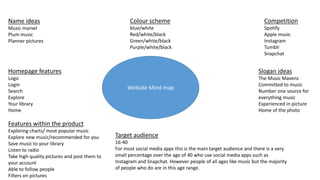 Website Mind map
Name ideas
Music marvel
Plum music
Planner pictures
Colour scheme
blue/white
Red/white/black
Green/white/black
Purple/white/black
Competition
Spotify
Apple music
Instagram
Tumblr
Snapchat
Homepage features
Logo
Login
Search
Explore
Your library
Home
Slogan ideas
The Music Mavens
Committed to music
Number one source for
everything music
Experienced in picture
Home of the photo
Features within the product
Exploring charts/ most popular music
Explore new music/recommended for you
Save music to your library
Listen to radio
Take high quality pictures and post them to
your account
Able to follow people
Filters on pictures
Target audience
16-40
For most social media apps this is the main target audience and there is a very
small percentage over the age of 40 who use social media apps such as
Instagram and Snapchat. However people of all ages like music but the majority
of people who do are in this age range.
 