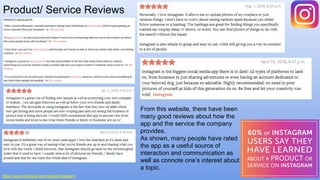 Product/ Service Reviews
https://www.influenster.com/reviews/instagram
From this website, there have been
many good reviews about how the
app and the service the company
provides.
As shown, many people have rated
the app as a useful source of
interaction and communication as
well as connote one’s interest about
a topic.
 