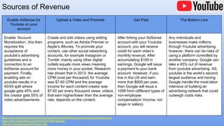 Sources of Revenue
https://www.investopedia.com/articles/personal-finance/032615/how-youtube-ad-revenue-works.asp
https://www.investopedia.com/terms/f/form1099-misc.asp
https://en.wikipedia.org/wiki/Pay-per-click
Enable AdSense for
Youtube on your
account
Upload a Video and Promote Get Paid The Bottom Line
Enable ‘Account
Monetization’, this then
requires the
acceptance of
youtube’s advertising
guidelines and a
connection to an
AdSense account for
payment. Finally,
enabling ads on
youtube results in a
45/55 split where
google gets 45% and
the creator gets 55% of
video advertisements.
Create and edit videos using editing
programs, such as Adobe Premier or
Apple’s iMovies. To promote your
content, use other social networking
accounts, for example Instagram or
Tumblr; mainly using other digital
outlets equals more views meaning
more money in your pocket. Research
has shown that in 2013, the average
CPM (cost per thousand) for Youtube
was $7.60 CPM and the average
income for each content creator was
$7.60 per every thousand views: videos
that earn higher/lower than the average
rate, depends on the content.
After linking your AdSense
account with your Youtube
account, you will receive
credit for each video’s
monthly revenue. After
accumulating $100 in
earnings, Google will issue
a payment to your bank
account. However, if you
live in the US and earn
more that $600 per year,
then Google will issue a
1099 form (different types of
non-employee
compensation/ income; not
wage or salary).
Any individuals and
businesses make millions
through Youtube advertising,
however, there can be risks of
using a platform controlled by
another company. Google can
take a 45% cut of revenue
from youtube advertising. AS
youtube is the world’s second
largest audience and having
Google handle the most labor
intensive of building an
advertising network that could
outweigh costs risks.
 