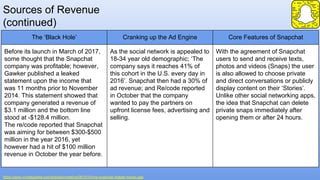 Sources of Revenue
(continued)
https://www.investopedia.com/articles/investing/061915/how-snapchat-makes-money.asp
The ‘Black Hole’ Cranking up the Ad Engine Core Features of Snapchat
Before its launch in March of 2017,
some thought that the Snapchat
company was profitable; however,
Gawker published a leaked
statement upon the income that
was 11 months prior to November
2014. This statement showed that
company generated a revenue of
$3.1 million and the bottom line
stood at -$128.4 million.
The re/code reported that Snapchat
was aiming for between $300-$500
million in the year 2016, yet
however had a hit of $100 million
revenue in October the year before.
As the social network is appealed to
18-34 year old demographic; ‘The
company says it reaches 41% of
this cohort in the U.S. every day in
2016’. Snapchat then had a 30% of
ad revenue; and Re/code reported
in October that the company
wanted to pay the partners on
upfront license fees, advertising and
selling.
With the agreement of Snapchat
users to send and receive texts,
photos and videos (Snaps) the user
is also allowed to choose private
and direct conversations or publicly
display content on their ‘Stories’.
Unlike other social networking apps,
the idea that Snapchat can delete
private snaps immediately after
opening them or after 24 hours.
 
