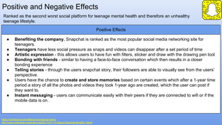 Positive and Negative Effects
https://smartsocial.com/effects-of-snapchat-teens/
http://www.cyberwise.org/single-post/2017/07/11/5-Ways-Snapchat-Benefits-Teens
Ranked as the second worst social platform for teenage mental health and therefore an unhealthy
teenage lifestyle.
Positive Effects
● Benefiting the company, Snapchat is ranked as the most popular social media networking site for
teenagers.
● Teenagers have less social pressure as snaps and videos can disappear after a set period of time
● Artistic expression - this allows users to have fun with filters, sticker and draw with the drawing pen tool
● Bonding with friends - similar to having a face-to-face conversation which then results in a closer
bonding experience
● Telling stories - through the users snapchat story, their followers are able to visually see from the users’
perspective.
● Users have the chance to create and store memories based on certain events which after a 1-year time
period a story of all the photos and videos they took 1-year ago are created, which the user can post if
they want to.
● Instant messaging - users can communicate easily with their peers if they are connected to wifi or if the
mobile data is on.
 