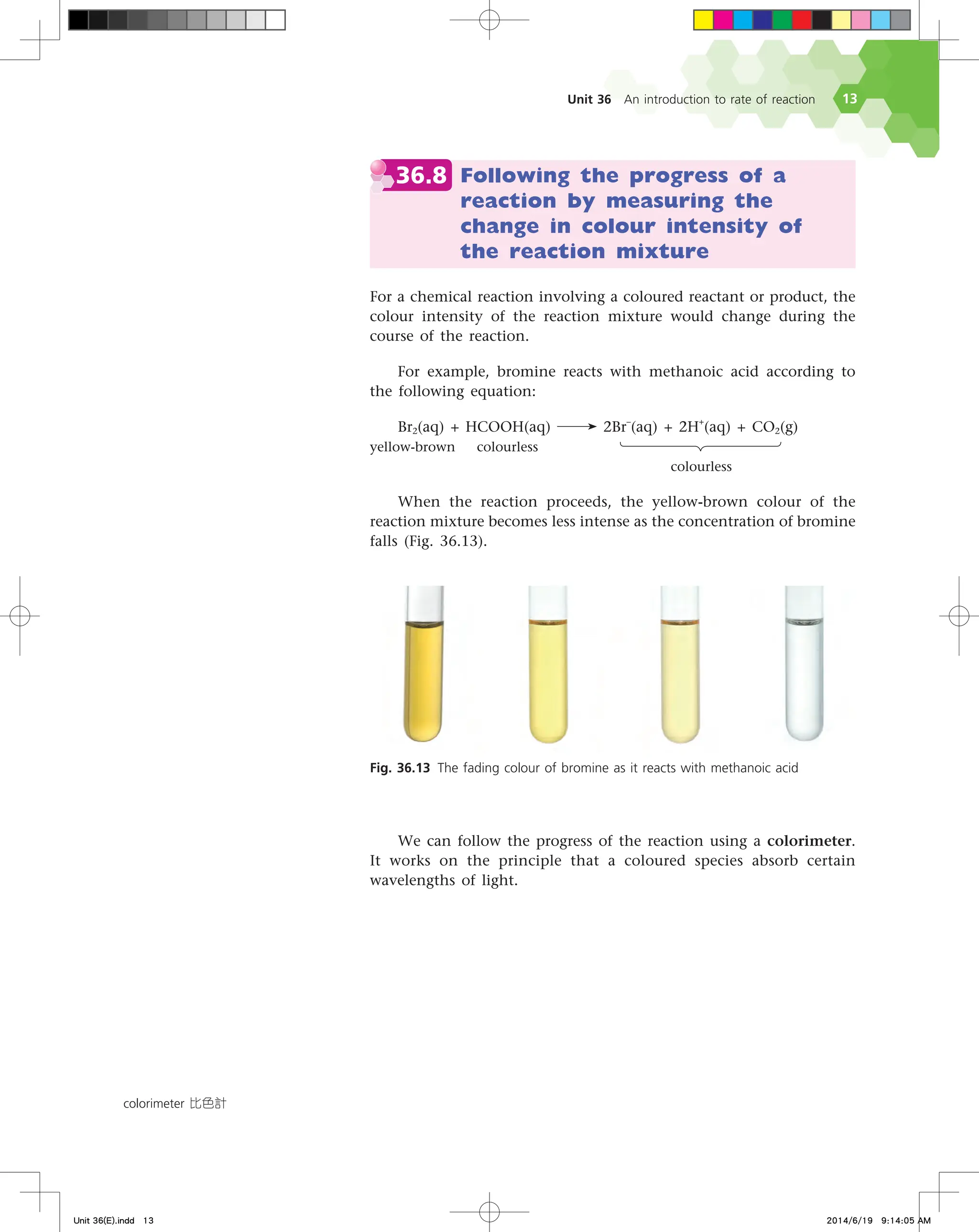 Unit 36 An introduction to rate of reaction 13
36.8 Following the progress of a
reaction by measuring the
change in colour intensity of
the reaction mixture
For a chemical reaction involving a coloured reactant or product, the
colour intensity of the reaction mixture would change during the
course of the reaction.
For example, bromine reacts with methanoic acid according to
the following equation:
Br2(aq) + HCOOH(aq) 2Br
–
(aq) + 2H
+
(aq) + CO2(g)
yellow-brown colourless
colourless
When the reaction proceeds, the yellow-brown colour of the
reaction mixture becomes less intense as the concentration of bromine
falls (Fig. 36.13).
Fig. 36.13 The fading colour of bromine as it reacts with methanoic acid
We can follow the progress of the reaction using a colorimeter.
It works on the principle that a coloured species absorb certain
wavelengths of light.
colorimeter 比色計
Unit 36(E).indd 13 2014/6/19 9:14:05 AM
 