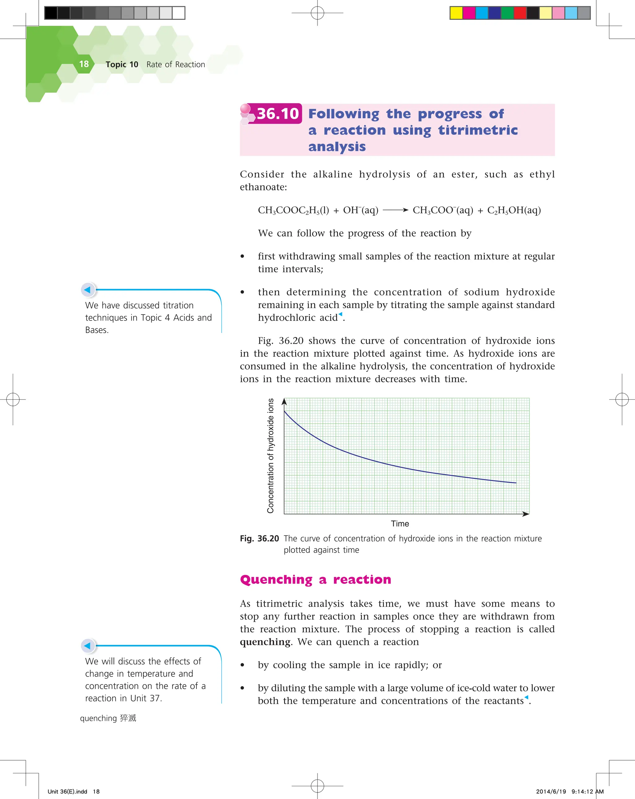 Topic 10 Rate of Reaction
18
◀
We have discussed titration
techniques in Topic 4 Acids and
Bases.
36.10 Following the progress of
a reaction using titrimetric
analysis
Consider the alkaline hydrolysis of an ester, such as ethyl
ethanoate:
CH3COOC2H5(l) + OH
–
(aq) CH3COO
–
(aq) + C2H5OH(aq)
We can follow the progress of the reaction by
• first withdrawing small samples of the reaction mixture at regular
time intervals;
• then determining the concentration of sodium hydroxide
remaining in each sample by titrating the sample against standard
hydrochloric acid◀
.
Fig. 36.20 shows the curve of concentration of hydroxide ions
in the reaction mixture plotted against time. As hydroxide ions are
consumed in the alkaline hydrolysis, the concentration of hydroxide
ions in the reaction mixture decreases with time.
Fig. 36.20 The curve of concentration of hydroxide ions in the reaction mixture
plotted against time
$PODFOUSBUJPOPGIZESPYJEFJPOT
5JNF
Quenching a reaction
As titrimetric analysis takes time, we must have some means to
stop any further reaction in samples once they are withdrawn from
the reaction mixture. The process of stopping a reaction is called
quenching. We can quench a reaction
• by cooling the sample in ice rapidly; or
• by diluting the sample with a large volume of ice-cold water to lower
both the temperature and concentrations of the reactants◀
.
quenching 猝滅
◀
We will discuss the effects of
change in temperature and
concentration on the rate of a
reaction in Unit 37.
Unit 36(E).indd 18 2014/6/19 9:14:12 AM
 