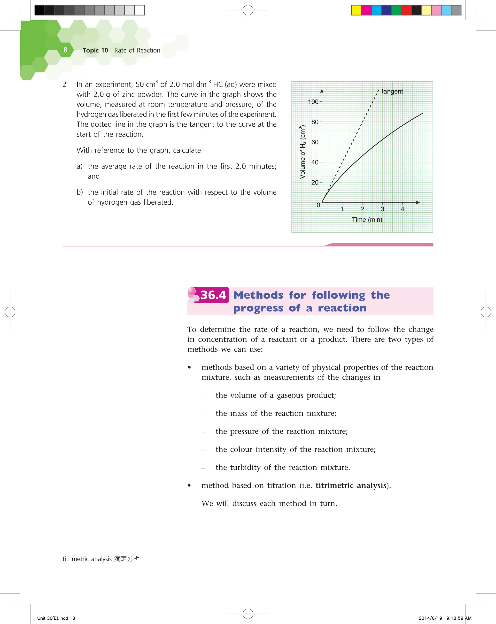 Topic 10 Rate of Reaction

2 In an experiment, 50 cm
3
of 2.0 mol dm
–3
HCl(aq) were mixed
with 2.0 g of zinc powder. The curve in the graph shows the
volume, measured at room temperature and pressure, of the
hydrogen gas liberated in the first few minutes of the experiment.
The dotted line in the graph is the tangent to the curve at the
start of the reaction.
With reference to the graph, calculate
a) the average rate of the reaction in the first 2.0 minutes;
and
b) the initial rate of the reaction with respect to the volume
of hydrogen gas liberated.
titrimetric analysis 滴定分析





7PMVNFPG)


DN


  
5JNF NJO

UBOHFOU
36.4 Methods for following the
progress of a reaction
To determine the rate of a reaction, we need to follow the change
in concentration of a reactant or a product. There are two types of
methods we can use:
• methods based on a variety of physical properties of the reaction
mixture, such as measurements of the changes in
– the volume of a gaseous product;
– the mass of the reaction mixture;
– the pressure of the reaction mixture;
– the colour intensity of the reaction mixture;
– the turbidity of the reaction mixture.
• method based on titration (i.e. titrimetric analysis).
We will discuss each method in turn.
Unit 36(E).indd 8 2014/6/19 9:13:59 AM
 