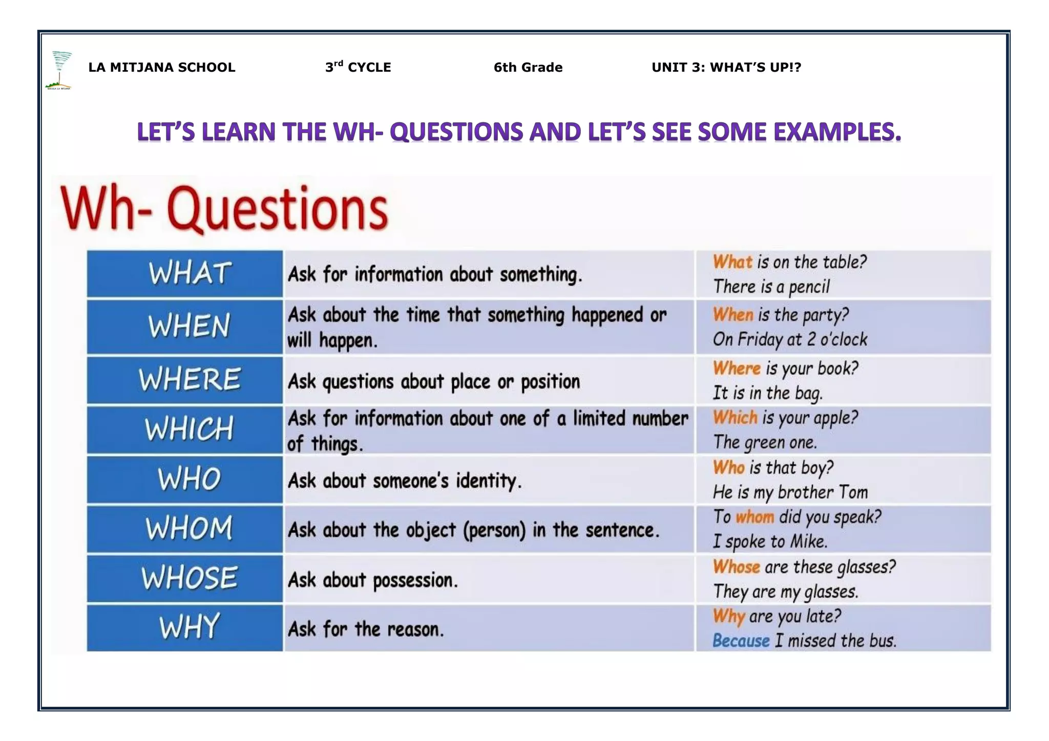 LA MITJANA SCHOOL 3rd
CYCLE 6th Grade UNIT 3: WHAT’S UP!?
 