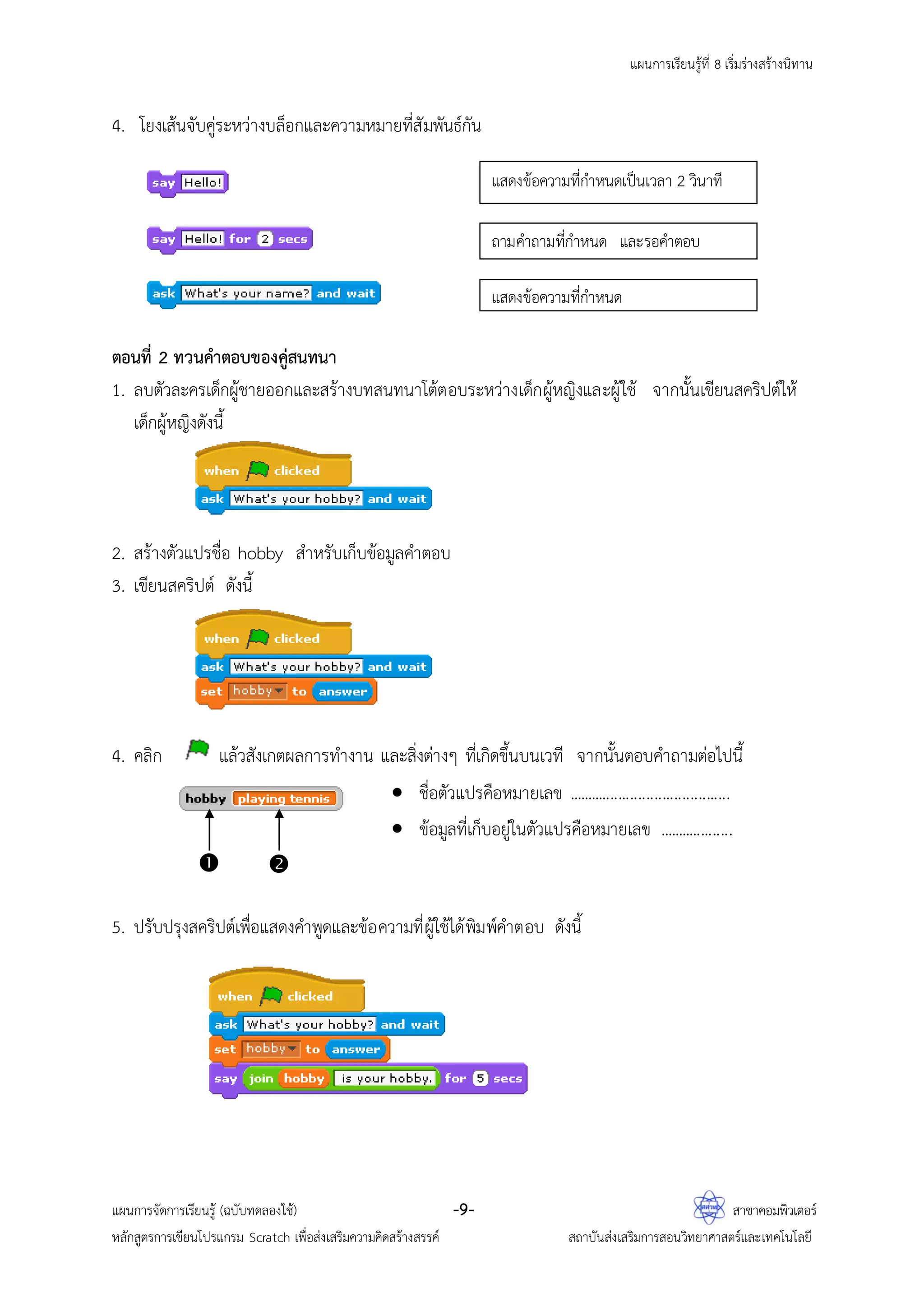แผนการเรียนรู้ที่ 8 เริ่มร่างสร้างนิทาน
แผนการจัดการเรียนรู้ (ฉบับทดลองใช้) -9- สาขาคอมพิวเตอร์
หลักสูตรการเขียนโปรแกรม Scratch เพื่อส่งเสริมความคิดสร้างสรรค์ สถาบันส่งเสริมการสอนวิทยาศาสตร์และเทคโนโลยี
4. โยงเส้นจับคู่ระหว่างบล็อกและความหมายที่สัมพันธ์กัน
ตอนที่ 2 ทวนคาตอบของคู่สนทนา
1. ลบตัวละครเด็กผู้ชายออกและสร้างบทสนทนาโต้ตอบระหว่างเด็กผู้หญิงและผู้ใช้ จากนั้นเขียนสคริปต์ให้
เด็กผู้หญิงดังนี้
2. สร้างตัวแปรชื่อ hobby สาหรับเก็บข้อมูลคาตอบ
3. เขียนสคริปต์ ดังนี้
4. คลิก แล้วสังเกตผลการทางาน และสิ่งต่างๆ ที่เกิดขึ้นบนเวที จากนั้นตอบคาถามต่อไปนี้
 ชื่อตัวแปรคือหมายเลข .........................................
 ข้อมูลที่เก็บอยู่ในตัวแปรคือหมายเลข ...................
5. ปรับปรุงสคริปต์เพื่อแสดงคาพูดและข้อความที่ผู้ใช้ได้พิมพ์คาตอบ ดังนี้
แสดงข้อความที่กาหนด
แสดงข้อความที่กาหนดเป็นเวลา 2 วินาที
ถามคาถามที่กาหนด และรอคาตอบ
 
 