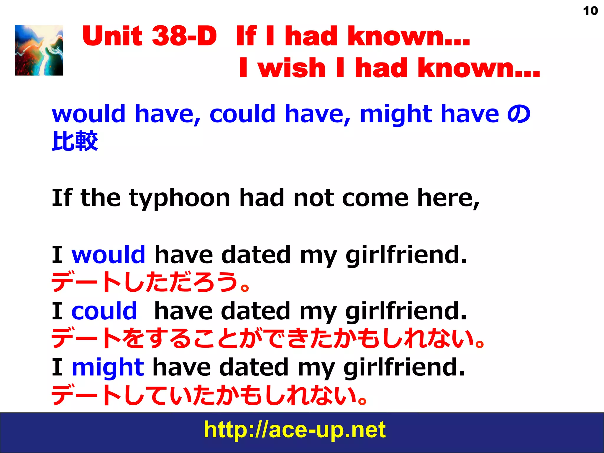 http://ace-up.net
10
Unit 38-D If I had known…
I wish I had known…
would  have,  could  have,  might  have  の
⽐比較
  
If  the  typhoon  had  not  come  here,  
I  would  have  dated  my  girlfriend.  
デートしただろう。
I  could    have  dated  my  girlfriend.
デートをすることができたかもしれない。
I  might  have  dated  my  girlfriend.
デートしていたかもしれない。
 