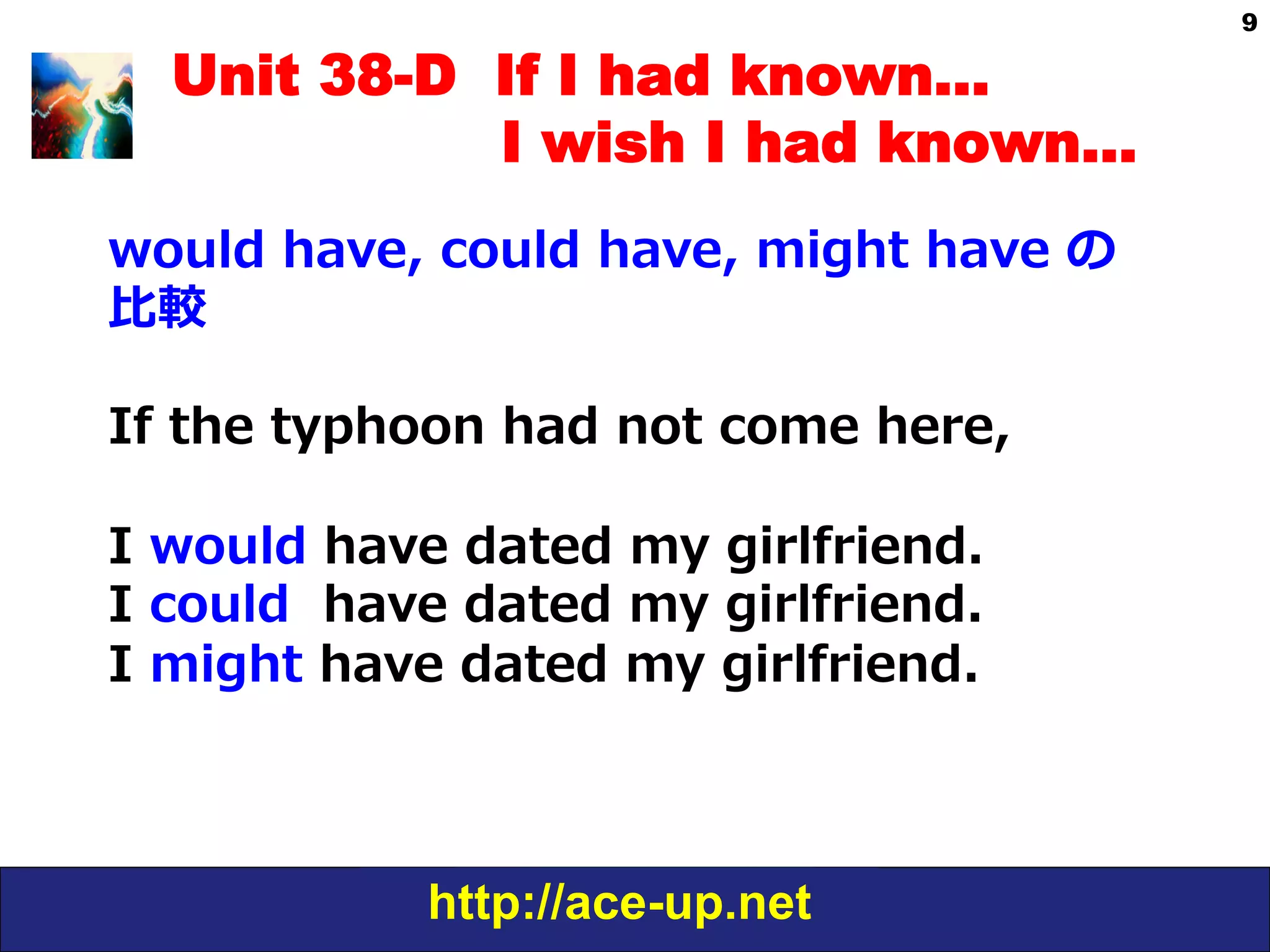 http://ace-up.net
9
Unit 38-D If I had known…
I wish I had known…
would  have,  could  have,  might  have  の
⽐比較
  
If  the  typhoon  had  not  come  here,  
I  would  have  dated  my  girlfriend.  
I  could    have  dated  my  girlfriend.
I  might  have  dated  my  girlfriend.
 