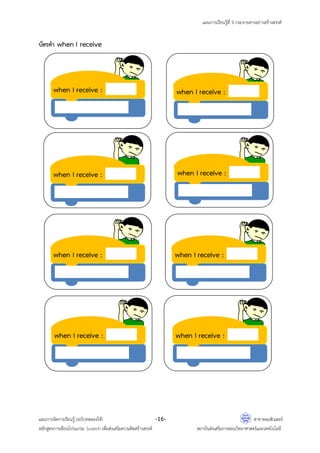 แผนการเรียนรู้ที่ 9 กระจายสารอย่างสร้างสรรค์
แผนการจัดการเรียนรู้ (ฉบับทดลองใช้) -16- สาขาคอมพิวเตอร์
หลักสูตรการเขียนโปรแกรม Scratch เพื่อส่งเสริมความคิดสร้างสรรค์ สถาบันส่งเสริมการสอนวิทยาศาสตร์และเทคโนโลยี
บัตรคา when I receive
when I receive :
ยืนขึ้นปรบมือ 1 ครั้ง
when I receive :
ปรบมือ 3 ครั้ง
when I receive :
ยืนขึ้นเดินกับที่ 3 ก้าว
when I receive :
ยืนขึ้นชูมือ นั่งลง
when I receive :
ปรบมือ 3 ครั้ง
when I receive :
หัวเราะ ดังๆ 3 ครั้ง
when I receive :
ปรบมือ 3 ครั้ง
when I receive :
ปรบมือ 3 ครั้ง
 