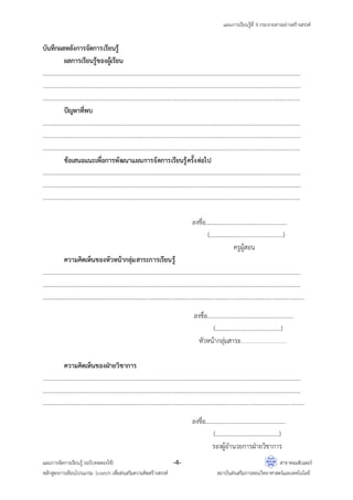 แผนการเรียนรู้ที่ 9 กระจายสารอย่างสร้างสรรค์
แผนการจัดการเรียนรู้ (ฉบับทดลองใช้) -4- สาขาคอมพิวเตอร์
หลักสูตรการเขียนโปรแกรม Scratch เพื่อส่งเสริมความคิดสร้างสรรค์ สถาบันส่งเสริมการสอนวิทยาศาสตร์และเทคโนโลยี
บันทึกผลหลังการจัดการเรียนรู้
ผลการเรียนรู้ของผู้เรียน
…………………………………………………………………………………………………………………………………………………………
…………………………………………………………………………………………………………………………………………………………
………………………………………………………………………………………………………………………………………………..…....
ปัญหาที่พบ
…………………………………………………………………………………………………………………………………………………………
…………………………………………………………………………………………………………………………………………………………
………………………………………………………………………………………………………………………………………………………
ข้อเสนอแนะเพื่อการพัฒนาแผนการจัดการเรียนรู้ครั้งต่อไป
…………………………………………………………………………………………………………………………………………………………
…………………………………………………………………………………………………………………………………………………………
………………………………………………………………………………………………………………………………………………………
ลงชื่อ......................................................
(..................................................)
ครูผู้สอน
ความคิดเห็นของหัวหน้ากลุ่มสาระการเรียนรู้
…………………………………………………………………………………………………………………………………………………………
…………………………………………………………………………………………………………………………………………………………
…………………………………………………………………………………………………………………………………………………………
ลงชื่อ………………………………………………….
(............................................)
หัวหน้ากลุ่มสาระ……………………………………………………..
ความคิดเห็นของฝ่ายวิชาการ
…………………………………………………………………………………………………………………………………………………………
…………………………………………………………………………………………………………………………………………………………
…………………………………………………………………………………………………………………………………………………………
ลงชื่อ…………………………..………………….
(…………………………………….)
รองผู้อานวยการฝ่ายวิชาการ
 