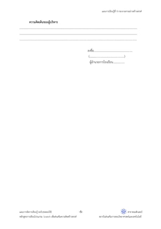 แผนการเรียนรู้ที่ 9 กระจายสารอย่างสร้างสรรค์
แผนการจัดการเรียนรู้ (ฉบับทดลองใช้) -5- สาขาคอมพิวเตอร์
หลักสูตรการเขียนโปรแกรม Scratch เพื่อส่งเสริมความคิดสร้างสรรค์ สถาบันส่งเสริมการสอนวิทยาศาสตร์และเทคโนโลยี
ความคิดเห็นของผู้บริหาร
…………………………………………………………………………………………………………………………………………………………
…………………………………………………………………………………………………………………………………………………………
………………………………………………………………………………………………………………………………………………………
ลงชื่อ……………..………………………………….
(...................................................)
ผู้อานวยการโรงเรียน..................
 