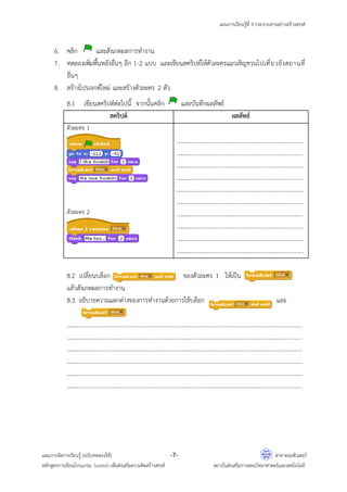 แผนการเรียนรู้ที่ 9 กระจายสารอย่างสร้างสรรค์
แผนการจัดการเรียนรู้ (ฉบับทดลองใช้) -7- สาขาคอมพิวเตอร์
หลักสูตรการเขียนโปรแกรม Scratch เพื่อส่งเสริมความคิดสร้างสรรค์ สถาบันส่งเสริมการสอนวิทยาศาสตร์และเทคโนโลยี
6. คลิก และสังเกตผลการทางาน
7. ทดลองเพิ่มพื้นหลังอื่นๆ อีก 1-2 แบบ และเขียนสคริปต์ให้ตัวละครแมวเชิญชวนไปเที่ยวยังสถานที่
อื่นๆ
8. สร้างโปรเจกต์ใหม่ และสร้างตัวละคร 2 ตัว
8.1 เขียนสคริปต์ต่อไปนี้ จากนั้นคลิก และบันทึกผลลัพธ์
สคริปต์ ผลลัพธ์
ตัวละคร 1
ตัวละคร 2
.....................................................................................
.....................................................................................
.....................................................................................
.....................................................................................
.....................................................................................
.....................................................................................
.....................................................................................
.....................................................................................
.....................................................................................
.....................................................................................
8.2 เปลี่ยนบล็อก ของตัวละคร 1 ให้เป็น
แล้วสังเกตผลการทางาน
8.3 อธิบายความแตกต่างของการทางานด้วยการใช้บล็อก และ
.............................................................................................................................................................
.............................................................................................................................................................
.............................................................................................................................................................
.............................................................................................................................................................
.............................................................................................................................................................
.............................................................................................................................................................
 