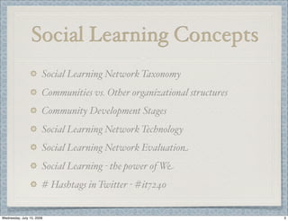 Social Learning Concepts
                       Social Learning Network Taxonomy
                       Communities vs. Other organizational structures
                       Community Development Stages
                       Social Learning Network Technology
                       Social Learning Network Evaluation
                       Social Learning - the power of We
                       # Hashtags in Twitter - #it7240


Wednesday, July 15, 2009                                                 3
 