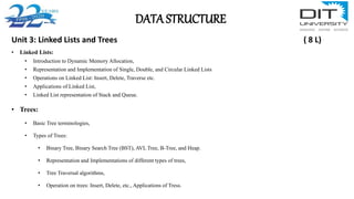 DATA STRUCTURE
Unit 3: Linked Lists and Trees ( 8 L)
• Linked Lists:
• Introduction to Dynamic Memory Allocation,
• Representation and Implementation of Single, Double, and Circular Linked Lists
• Operations on Linked List: Insert, Delete, Traverse etc.
• Applications of Linked List,
• Linked List representation of Stack and Queue.
• Trees:
• Basic Tree terminologies,
• Types of Trees:
• Binary Tree, Binary Search Tree (BST), AVL Tree, B-Tree, and Heap.
• Representation and Implementations of different types of trees,
• Tree Traversal algorithms,
• Operation on trees: Insert, Delete, etc., Applications of Tress.
 