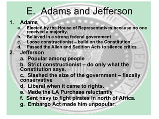 E.  Adams and Jefferson Adams Elected by the House of Representatives because no one received a majority. Believed in a strong federal government Loose constructionist – build on the Constitution Passed the Alien and Sedition Acts to silence critics Jefferson a.  Popular among people b.  Strict constructionist – do only what the Constitution says. c.  Slashed the size of the government – fiscally conservative d.  Liberal when it came to rights. e.  Made the LA Purchase reluctantly f.  Sent navy to fight pirates in north of Africa. g.  Embargo Act made him unpopular.  