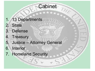 Cabinet 13 Departments State Defense Treasury Justice – Attorney General Interior Homeland Security 