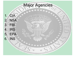 Major Agencies CIA NSA FBI IRS EPA INS 