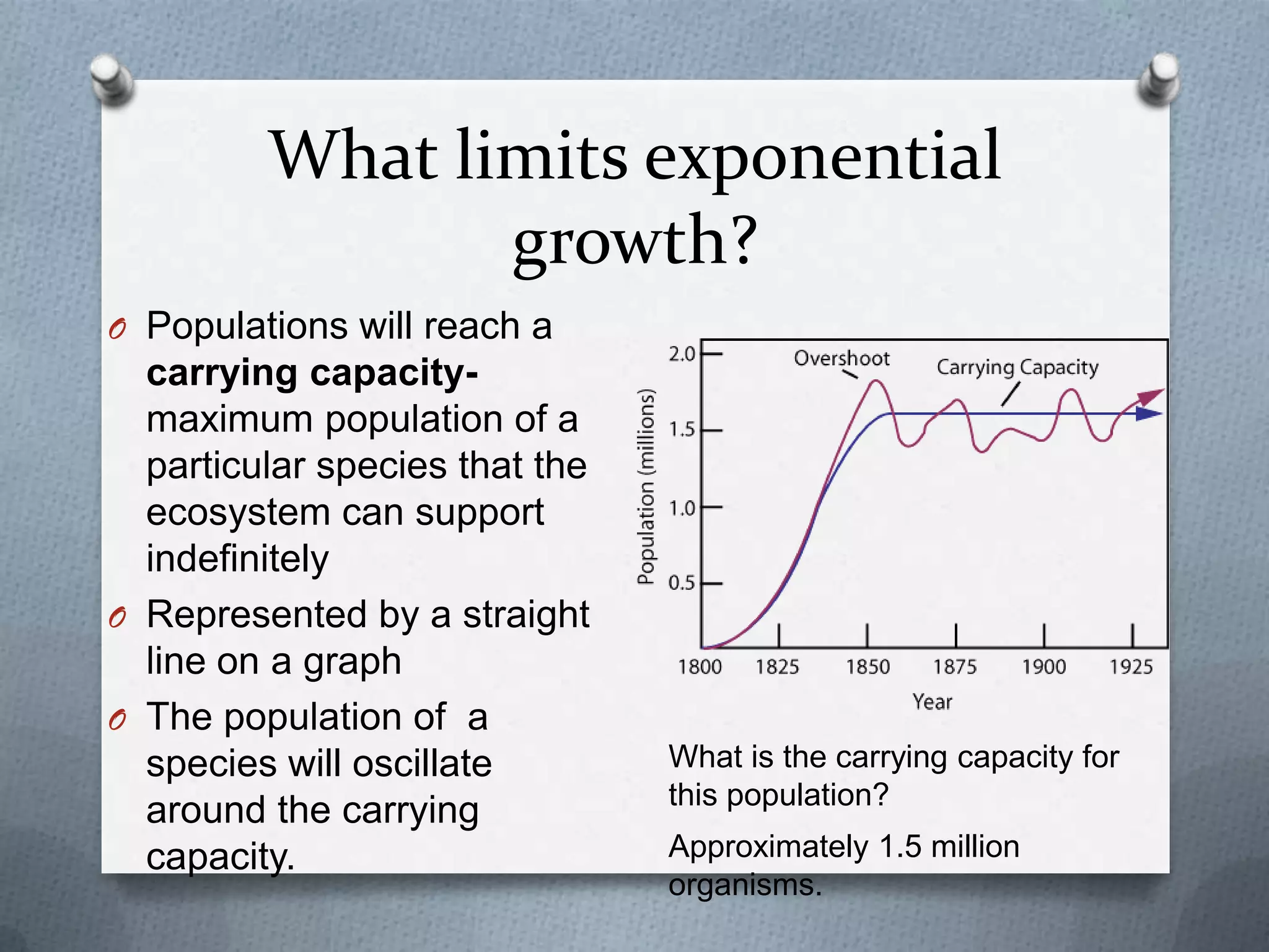 What limits exponential
growth?
O Populations will reach a

carrying capacitymaximum population of a
particular species that the
ecosystem can support
indefinitely
O Represented by a straight
line on a graph
O The population of a
species will oscillate
around the carrying
capacity.

What is the carrying capacity for
this population?
Approximately 1.5 million
organisms.

 