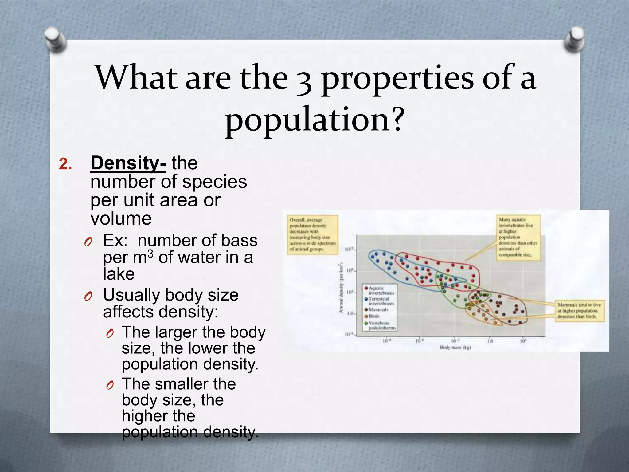 What are the 3 properties of a
population?
2.

Density- the
number of species
per unit area or
volume
O Ex: number of bass

per m3 of water in a
lake
O Usually body size
affects density:

O The larger the body

size, the lower the
population density.
O The smaller the
body size, the
higher the
population density.

 
