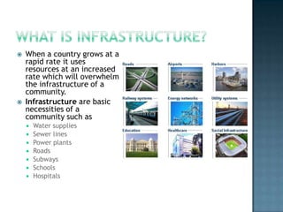 



When a country grows at a
rapid rate it uses
resources at an increased
rate which will overwhelm
the infrastructure of a
community.
Infrastructure are basic
necessities of a
community such as








Water supplies
Sewer lines
Power plants
Roads
Subways
Schools
Hospitals

 