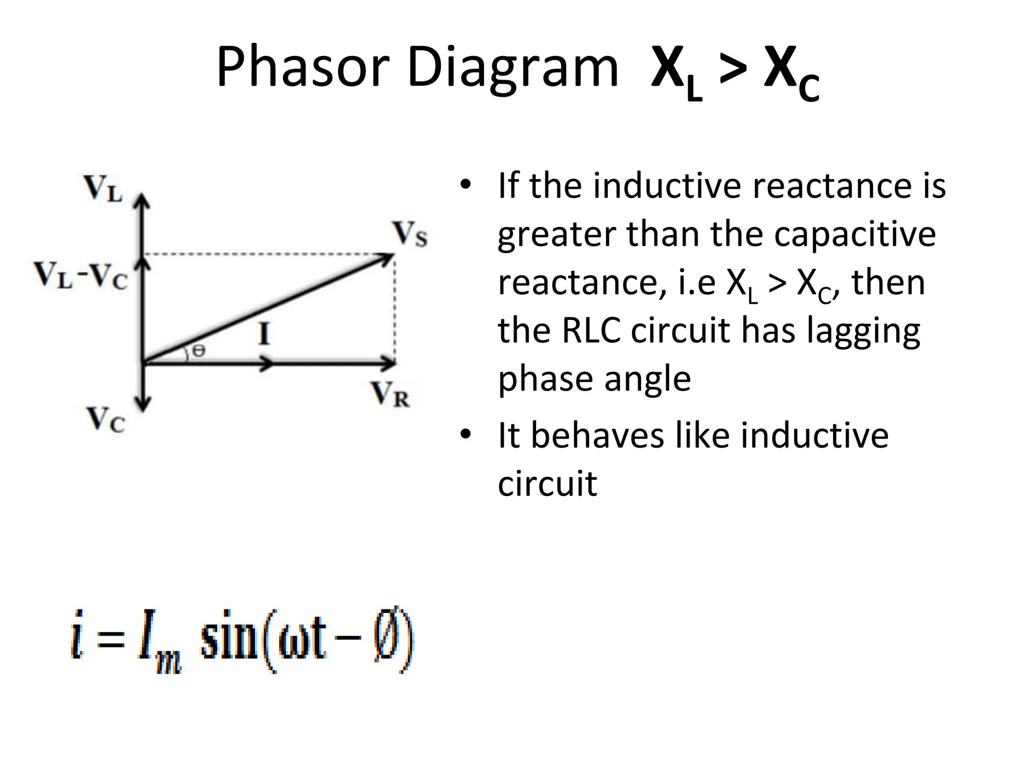 Phasor Diagram XL ˃ XC
• If the inductive reactance is
greater than the capacitive
reactance, i.e XL > XC, then
the RLC circuit has lagging
phase angle
• It behaves like inductive
circuit
 