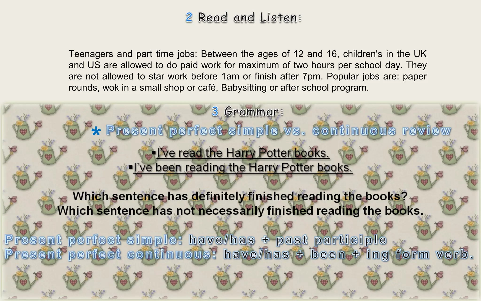 *
Teenagers and part time jobs: Between the ages of 12 and 16, children's in the UK
and US are allowed to do paid work for maximum of two hours per school day. They
are not allowed to star work before 1am or finish after 7pm. Popular jobs are: paper
rounds, wok in a small shop or café, Babysitting or after school program.
 