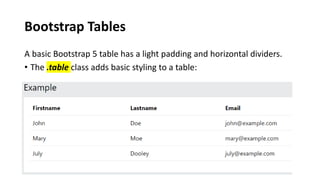 Bootstrap Tables
A basic Bootstrap 5 table has a light padding and horizontal dividers.
• The .table class adds basic styling to a table:
 