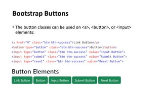 Bootstrap Buttons
• The button classes can be used on <a>, <button>, or <input>
elements:
 