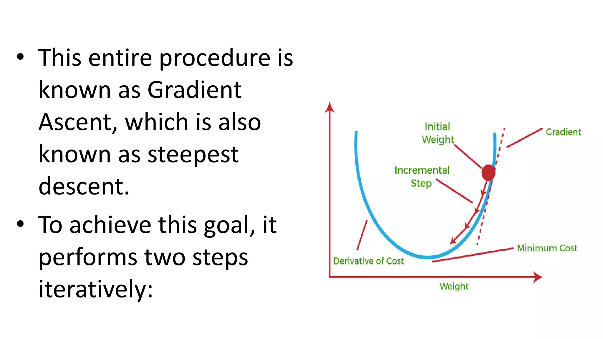 • This entire procedure is
known as Gradient
Ascent, which is also
known as steepest
descent.
• To achieve this goal, it
performs two steps
iteratively:
 