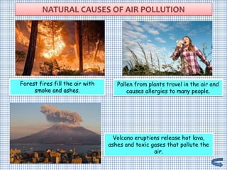 NATURAL CAUSES OF AIR POLLUTION
Pollen from plants travel in the air and
causes allergies to many people.
Volcano eruptions release hot lava,
ashes and toxic gases that pollute the
air.
Forest fires fill the air with
smoke and ashes.
 