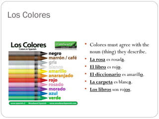 Los Colores

Colores must agree with the
noun (thing) they describe.

La rosa es rosada.

El libro es rojo.

El diccionario es amarillo.

La carpeta es blanca.

Los libros son rojos.
 