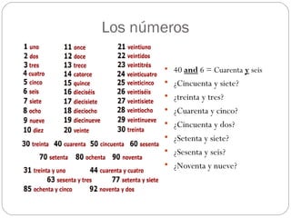 Los números

40 and 6 = Cuarenta y seis

¿Cincuenta y siete?

¿treinta y tres?

¿Cuarenta y cinco?

¿Cincuenta y dos?

¿Setenta y siete?

¿Sesenta y seis?

¿Noventa y nueve?
 