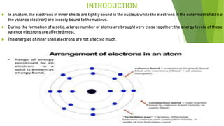 INTRODUCTION
 In an atom, the electrons in inner shells are tightly bound to the nucleus while the electrons in the outermost shell (i.e
the valance electron) are loosely bound to the nucleus.
 During the formation of a solid, a large number of atoms are brought very close together; the energy levels of these
valence electrons are affected most.
 The energies of inner shell electrons are not affected much.
 