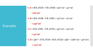 Examples
L A = B.B. of DA – F.B. of AB = 1000 00’ – 400 00’
= 600 00’
L B = B.B. ofAB – F.B. of BC = 2200 00’ – 700 00’
= 1500 00’
L C = B.B. of BC – F.B. of CD = 2500 00’ – 2100 00’
= 400 00’
L D = 3600 – (F.B. of DA – B.B. of CD) = 3600 – (2800 00’ – 300 00’)
= 1100 00’
 