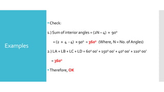 Examples
Check:
1.) Sum of interior angles = (2N – 4) × 900
= (2 × 4 - 4) × 900 = 3600 (Where, N = No. of Angles)
2.) LA + LB + LC + LD = 600 00’ + 1500 00’ + 400 00’ + 1100 00’
= 3600
Therefore, OK
 