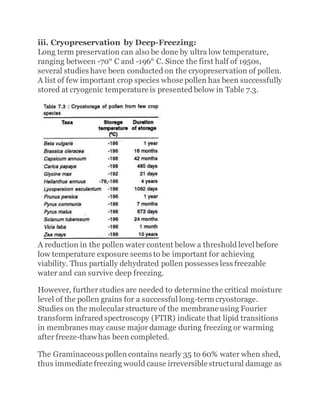 iii. Cryopreservation by Deep-Freezing:
Long term preservation can also be done by ultra low temperature,
ranging between -70° C and -196° C. Since the first half of 1950s,
several studies have been conducted on the cryopreservation of pollen.
A list of few important crop species whose pollen has been successfully
stored at cryogenic temperature is presented below in Table 7.3.
A reduction in the pollen water content below a threshold level before
low temperature exposure seems to be important for achieving
viability. Thus partially dehydrated pollen possesses less freezable
water and can survive deep freezing.
However, furtherstudies are needed to determine the critical moisture
level of the pollen grains for a successful long-term cryostorage.
Studies on the molecularstructure of the membrane using Fourier
transform infrared spectroscopy (FTIR) indicate that lipid transitions
in membranes may cause major damage during freezing or warming
after freeze-thaw has been completed.
The Graminaceous pollen contains nearly 35 to 60% water when shed,
thus immediate freezing would cause irreversible structural damage as
 