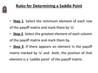 Rules for Determining a Saddle Point
• Step 1. Select the minimum element of each row
of the payoff matrix and mark them by ‘o’.
• Step 2. Select the greatest element of each column
of the payoff matrix and mark them by.
• Step 3. If there appears an element in the payoff
matrix marked by ‘o’ and both, the position of that
element is a ‘saddle point’ of the payoff matrix.
 
