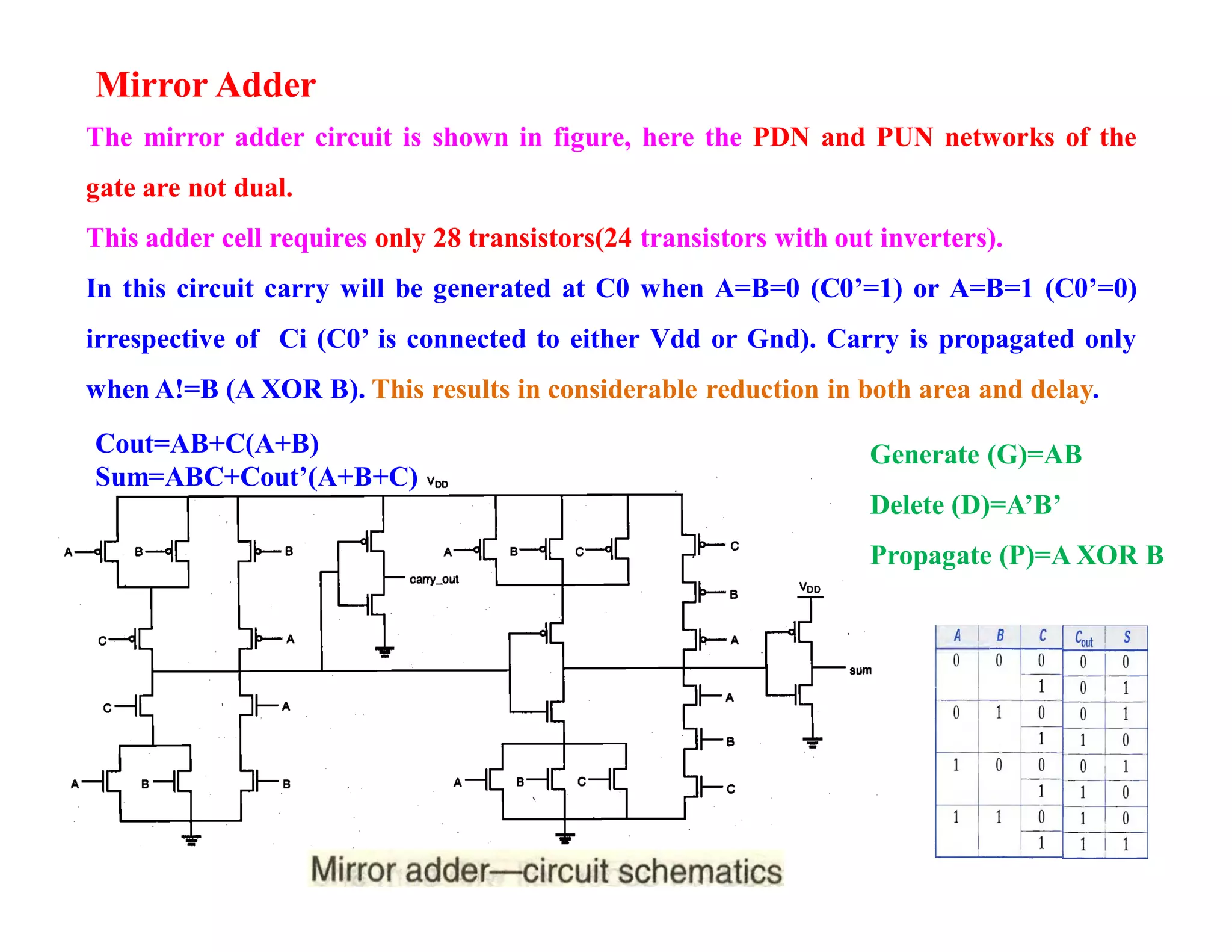 Mirror Adder
The mirror adder circuit is shown in figure, here the PDN and PUN networks of the
gate are not dual.
This adder cell requires only 28 transistors(24 transistors with out inverters).
In this circuit carry will be generated at C0 when A=B=0 (C0’=1) or A=B=1 (C0’=0)
irrespective of Ci (C0’ is connected to either Vdd or Gnd). Carry is propagated only
when A!=B (A XOR B). This results in considerable reduction in both area and delay.
Generate (G)=AB
Delete (D)=A’B’
Propagate (P)=A XOR B
Cout=AB+C(A+B)
Sum=ABC+Cout’(A+B+C)
 