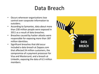 Data Breach
• Occurs whenever organizations lose
control over corporate information to
outsiders.
• According to Symantec, data about more
than 230 million people were exposed in
2011 as a result of data breaches.
• Breaches caused by hacker attacks were
responsible for exposing more than 187
million identities.
• Significant breaches that did occur
included a data breach at Zappos.com
that affected 24 million customers, the
compromise of a payment processor for
Visa and Mastercard, and a breach at
LinkedIn, exposing the data of 6.5 million
members.
 