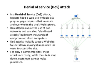 Denial of service (DoS) attack
• In a Denial of Service (DoS) attack,
hackers flood a Web site with useless
pings or page requests that inundate
and overwhelm the site’s Web servers.
• DoS attacks involve the use of bot
networks and so-called “distributed
attacks” built from thousands of
compromised client computers.
• DoS attacks typically cause a Web site
to shut down, making it impossible for
users to access the site.
• For busy e-commerce sites, these
attacks are costly; while the site is shut
down, customers cannot make
purchases.
 