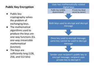 Public Key Encryption
● Public key
cryptography solves
the problem of
exchanging keys.
● The mathematical
algorithms used to
produce the keys are
one-way functions (Ex.
one-way irreversible
mathematical
function).
● The keys are
sufficiently long (128,
256, and 512 bits)
Sender uses recipient’s public key to
encrypt message; recipient uses
private key to decrypt it
Once key used to encrypt message,
same key cannot be used to decrypt
message
Both keys used to encrypt and decrypt
message
Uses two mathematically related
digital keys
Public key (widely
disseminated)
Private key (kept
secret by owner)
 