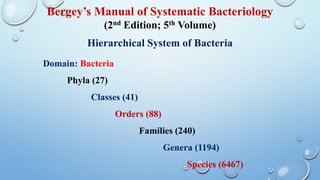 Bergey’s Manual of Systematic Bacteriology
(2nd Edition; 5th Volume)
Hierarchical System of Bacteria
Domain: Bacteria
Phyla (27)
Classes (41)
Orders (88)
Families (240)
Genera (1194)
Species (6467)
 