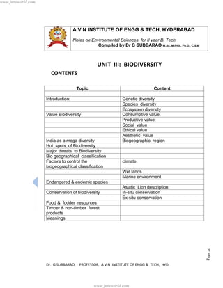 Dr. G SUBBARAO, PROFESSOR, A V N INSTITUTE OF ENGG & TECH, HYD
Page1
A V N INSTITUTE OF ENGG & TECH, HYDERABAD
Notes on Environmental Sciences for II year B. Tech
Compiled by Dr G SUBBARAO M.Sc.,M.Phil., Ph.D., C.S.M
UNIT III: BIODIVERSITY
CONTENTS
Topic Content
Introduction: Genetic diversity
Species diversity
Ecosystem diversity
Value Biodiversity Consumptive value
Productive value
Social value
Ethical value
Aesthetic value
India as a mega diversity Biogeographic region
Hot spots of Biodiversity
Major threats to Biodiversity
Bio geographical classification
Factors to control the
biogeographical classification
climate
Wet lands
Marine environment
Endangered & endemic species
Asiatic Lion description
Conservation of biodiversity In-situ conservation
Ex-situ conservation
Food & fodder resources
Timber & non-timber forest
products
Meanings
www.jntuworld.com
www.jntuworld.com
 