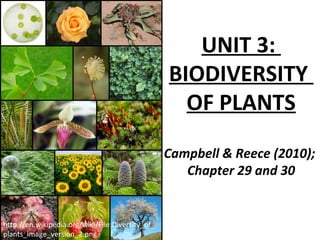 UNIT 3:
BIODIVERSITY
OF PLANTS
Campbell & Reece (2010);
Chapter 29 and 30
http://en.wikipedia.org/wiki/File:Diversity_of_
plants_image_version_2.png
 