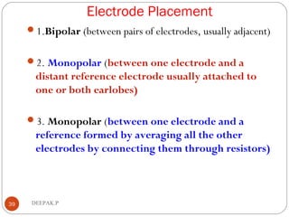 Electrode Placement
39 DEEPAK.P
1.Bipolar (between pairs of electrodes, usually adjacent)
2. Monopolar (between one electrode and a
distant reference electrode usually attached to
one or both earlobes)
3. Monopolar (between one electrode and a
reference formed by averaging all the other
electrodes by connecting them through resistors)
 