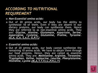  Non-Essential amino acids:
 Out of 20 amino acids, our body has the ability to
synthesize 10 of them. Even if they are absent in our
dietary proteins, our body can synthesize them. Hence
they are referred to as non-essential amino acids. They
are: Glycine, Alanine, Glutamate, Aspartate, Serine,
Asparagine, Cysteine, Glutamine, Proline, Tyrosine.
(G,A, G,A, S,A,C, G,P,T,)
 Essential amino acids:
 Out of 20 amino acids, our body cannot synthesize the
remaining 10 amino acids. We have to obtain them through
our food proteins. Hence, they are called as essential
amino acids. They are: Methionine, Arginine, Threonine,
Tryptophan, Valine, Isoleucine, Leucine, Phenylalanine,
Histidine, Lysine.(M,A,T,T,V,I,L,P,H,L,Y)
 