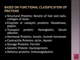  Structural Proteins: Keratin of hair and nails,
collagen of bone.
 Enzymes or catalytic proteins: Hexokinase,
pepsin.
 Transport protein: Hemoglobin, Serum
albumin.
 Hormonal Proteins: Insulin, Growth hormones
 Contractile Proteins: Actin, Myosin
 Storage Proteins: Ferritin
 Genetic Protein: Nucleoprotein
 Defence proteins: Immunoglobulins
 